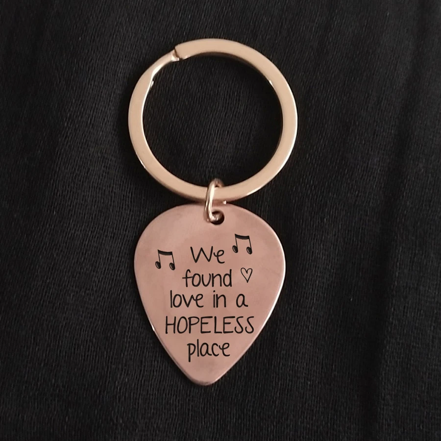 Guitar Pick Key Chain Music Lover Gift Hand Stamped We Found Love In a Hopeless Place Musician Men Women Keyring Jewelry | Украшения и