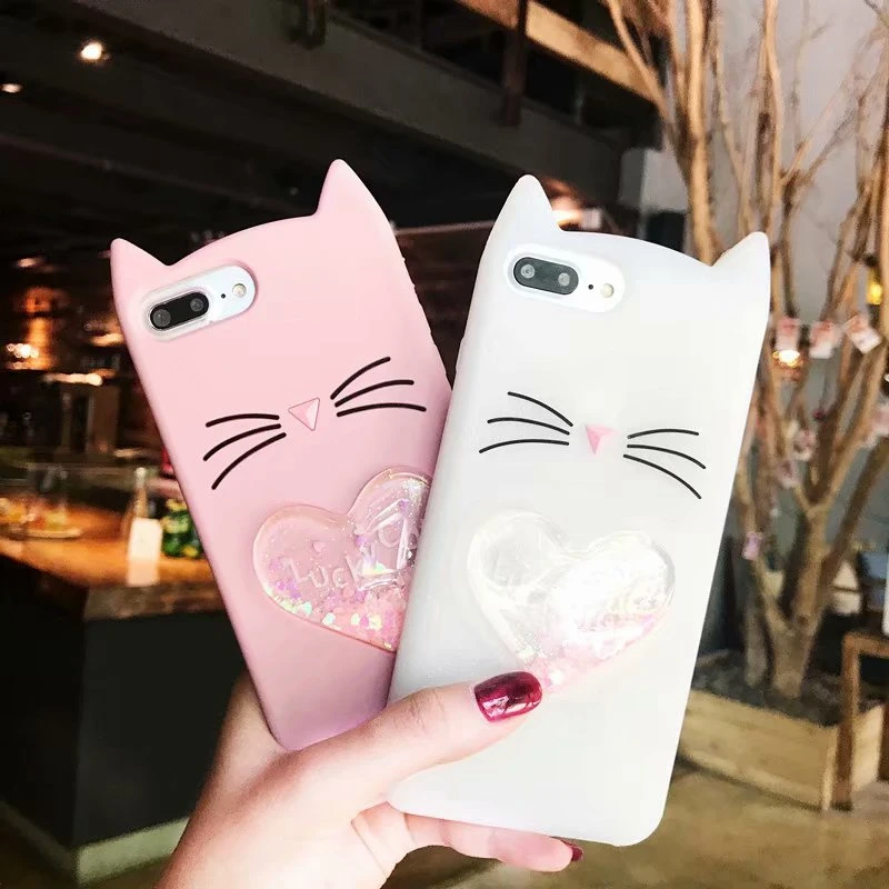 3D Cartoon Beard Cat Case For iphone X 8 Plus 7 6 6s Soft Silicone Coque Liquid Love Heart Quicksand Rubber Cover 50PCS |