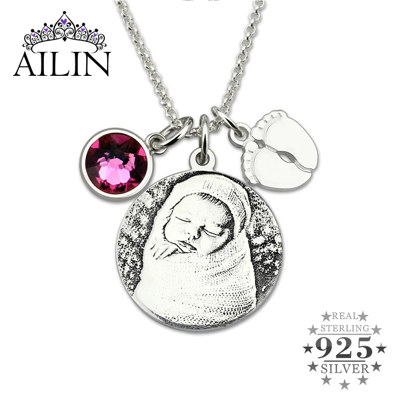 

Personalized Sterling Silver Photo Birthstone Necklace Baby Feet Jewelry Mother Day Gift