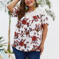 original 2019 summer new lace stitching print top chiffon shirt large size clothes n30d