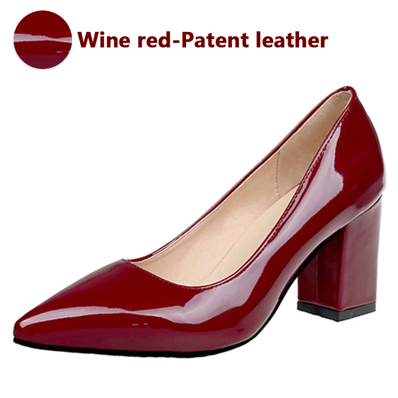 Wine-Patent leather Сапоги aphixta, женские туфли-лодочки на высоком квадратном каблуке, острый носок, свадебная обувь, лакированная кожа, замша, классические туфли-лодочки, размер 44 - Цвет: Wine-Patent leather