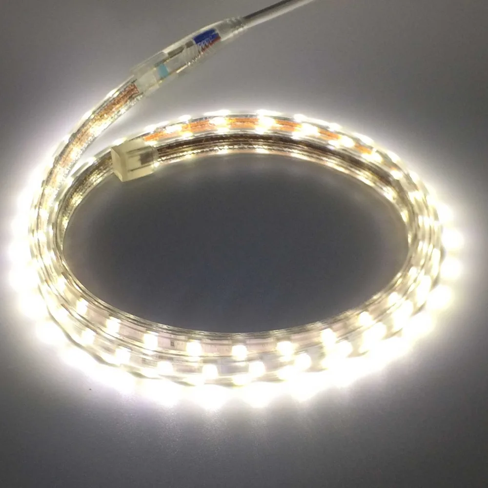 Светодиодный лента IP65 AC220V Водонепроницаемый AC 220 V SMD5050 Светодиодные ленты теплый белый холодный белого и синего цвета красного цвета 220 V штепсельная вилка европейского стандарта на открытом воздухе Светодиодные ленты