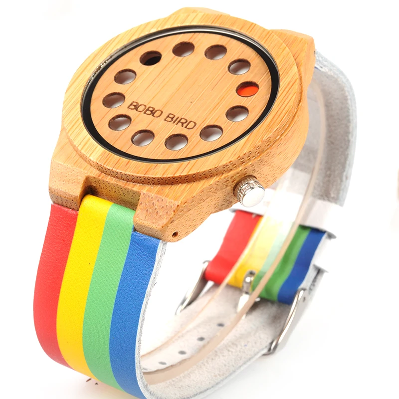 BOBO BIRD Бамбуковые мужские женские часы цветной кожаный ремешок 12 отверстий
