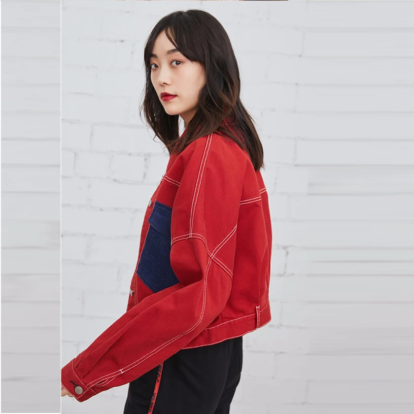 New Arrival Women Contrast Color Denim Jacket Full Batwing Sleeve Turn-down Collar Corduroy Patchwork Loose Short Jean Coat C946 | Женская