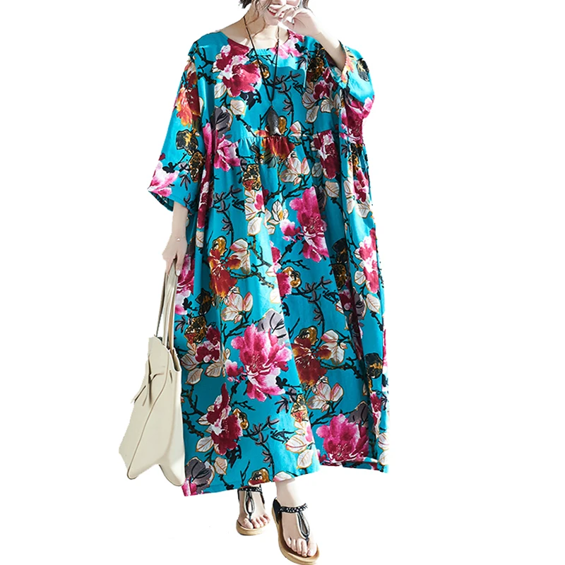 Elegdream Brand Oversized Maxi Long Dress Plus Size Women Flower Print Casual Cotton Linen Bohemian Dresses Female Tunic Vestido | Женская
