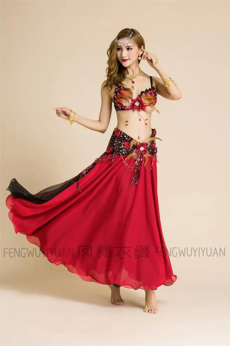 Bellydance/осенний комплект одежды из 3 предметов (бюстгальтер + юбка пояс) с перьями