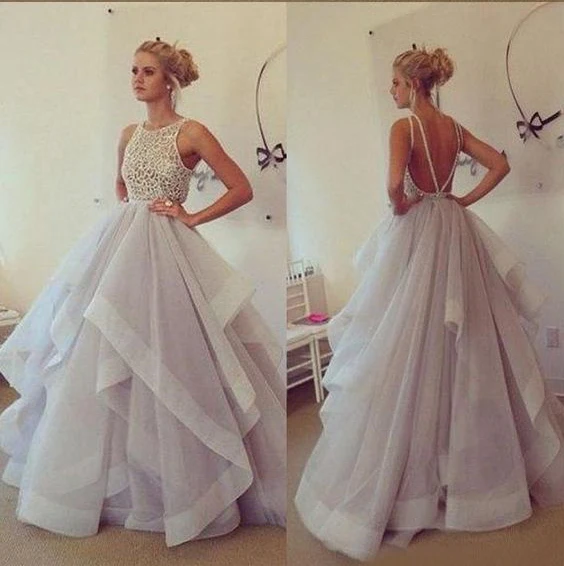 

Silver Quinceanera Dresses Lace Ball Gown Sexy Backless Vestidos De 15 Anos Tulle Ruffle Floor Length Robe De Bal Sleeveless