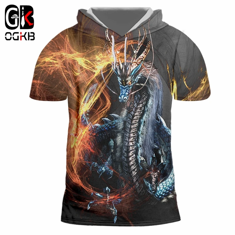 

OGKB Summer Tops Men Hooded Tshirt Cool Print Fire Dragon 3d Cap T-shirts New Harajuku Man Hiphop Streetwear Short Sleeve Hoody