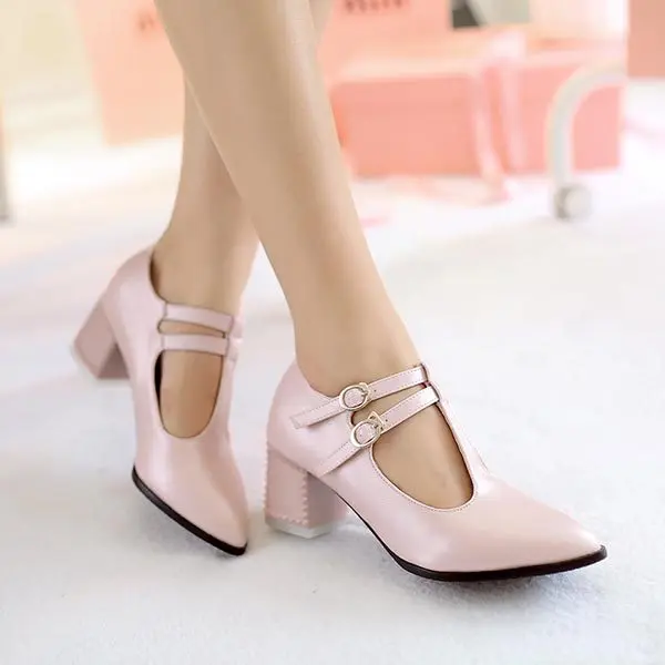 2014 Старинные Т Ремень Двойной Пряжки Острым Носом На Высоком Каблуке насосы