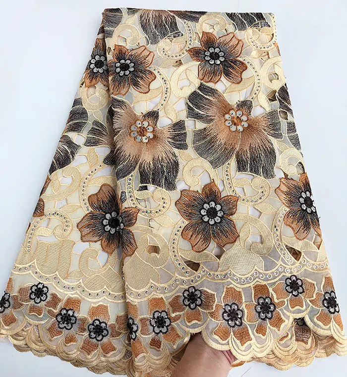 Gold beige Coffee 5 ярдов модная африканская швейцарская вуаль кружевная ткань мягкая нигерийская Гана традиционная одежда с камнями высокое качество горячая распродажа - Цвет: Gold beige Coffee
