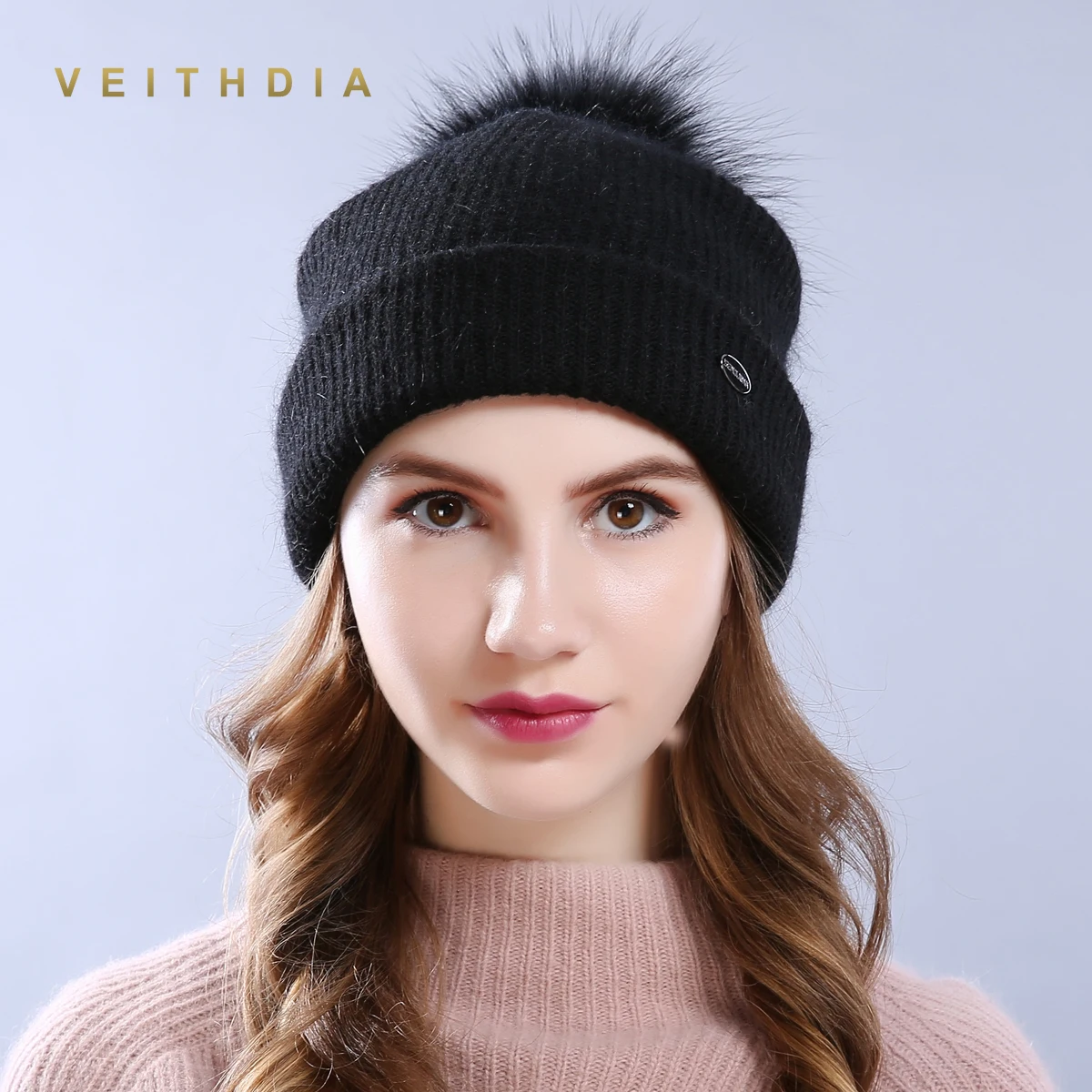 VEITHDIA двухслойная кроличья Меховая Шапка-бини женская зимняя вязаная шерстяная мягкая помпон из лисьего меха Skullies Hat cap Осенняя Женская - Цвет: Черный