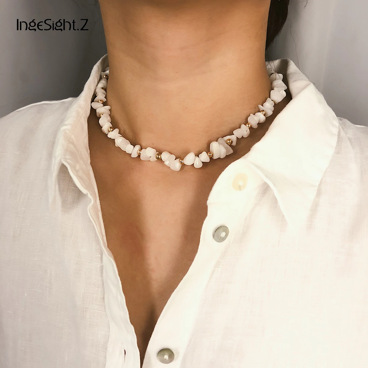 

IngeSight.Z Simple Minimalist Choker Necklace Collar Statement Bohemia White Natural Stone Clavicle Chain Necklace Women Jewelry