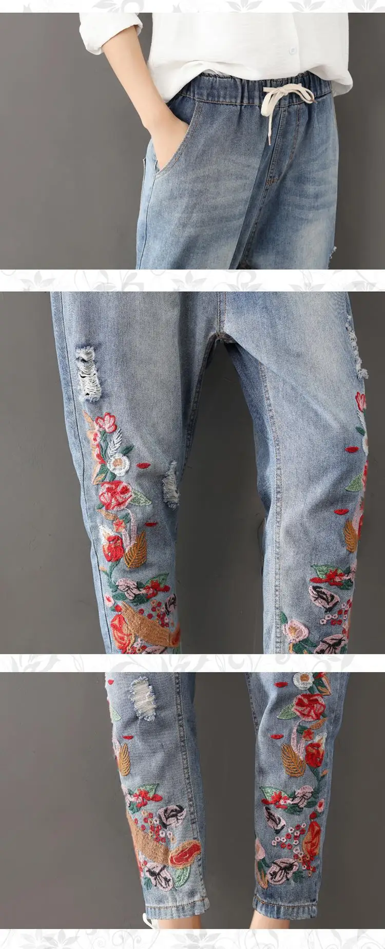 DIMANAF Women Jeans Harem Pants Plus Size Spring Ripped Denim Embroidery Floral Elastic Chinese Style Vintage New Blue Jeans 3XL