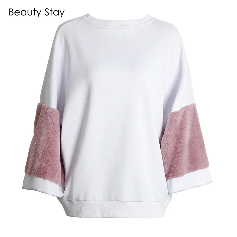 BeautyStay Loose Faux Fur Women Hoodies Sweatshirs Autumn Winter Long Sleeve Pullover Girl Oversize Patchwork Female Sweatshirt | Женская