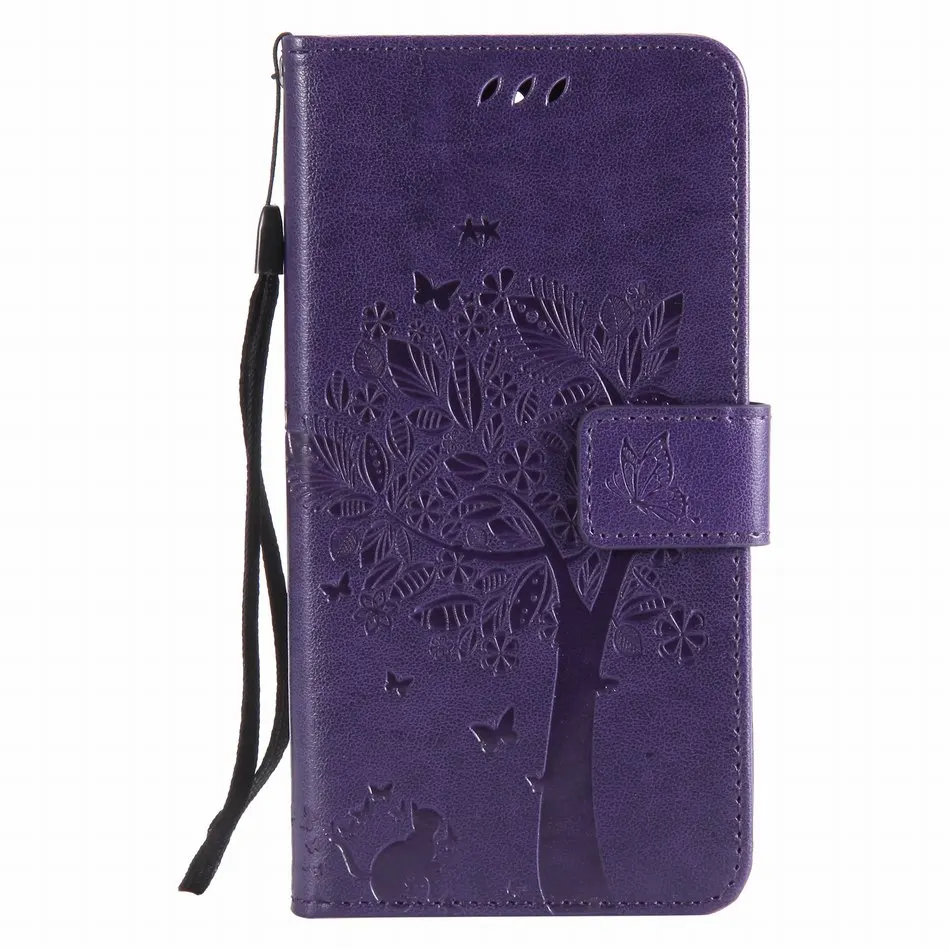 Purple Coque слот для карт кожаные чехлы для телефонов Xiaomi 5 6 5X Mix 2 Redmi 3 3S Note3 Note 4X Mi5 Mi6 дерево кошка тисненый узор с бабочками P06H - Цвет: Purple
