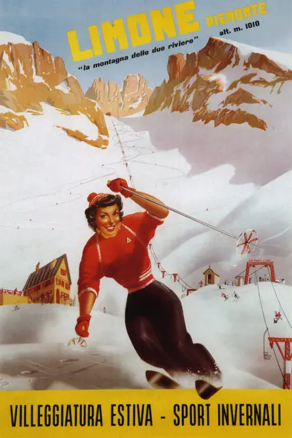 Винтажный постер для катания на лыжах спорта путешествий Альпы Юра классические