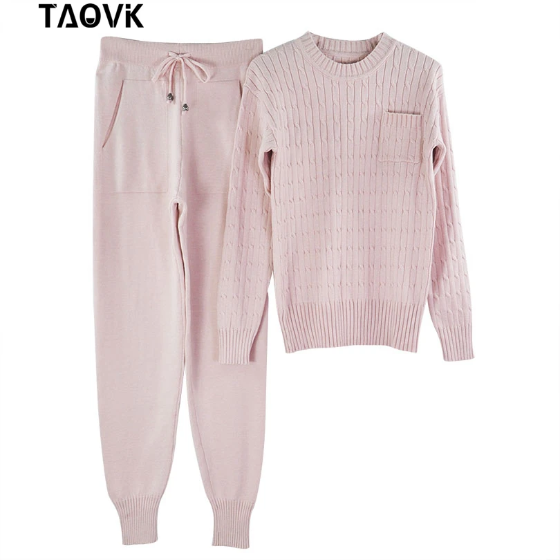 Pink TAOVK, женский свитер, костюм и комплекты, Повседневный, весна-осень, 2 шт., спортивный костюм, женские трикотажные брюки+ джемпер, топы, костюм, комплект одежды - Цвет: Pink
