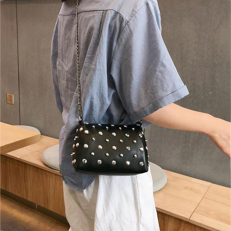 Yogodlns Bags For Women New Fashion Rivet PU Leather Women Bag Diamonds Shoulder Messenger Bag Chains Small Flap Crossbody Bag