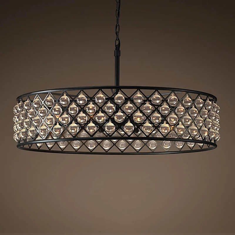 

led e14 American Iron Crystal Black Clear Round Lustre Chandelier Lighting Suspension Luminaire Lampen For Foyer