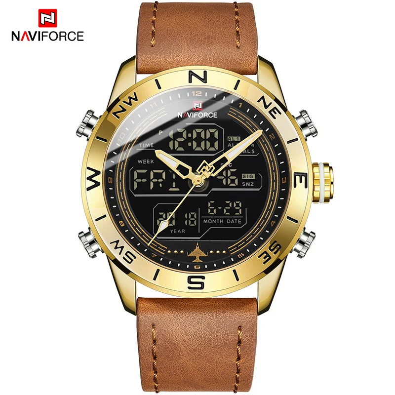 GGLBN Роскошные Брендовые мужские NAVIFORCE 9144 золотые армейские военные часы светодиодные цифровые кожаные спортивные часы кварцевые мужские часы - Цвет: GGLBN