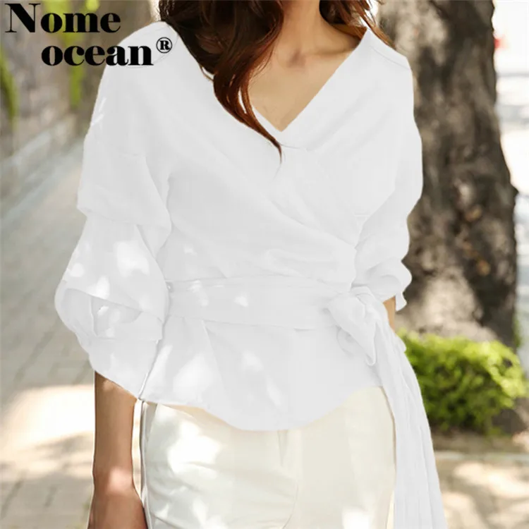 Женские блузки с поясом и пышными рукавами рюшами v образным вырезом S XXL весна 2018