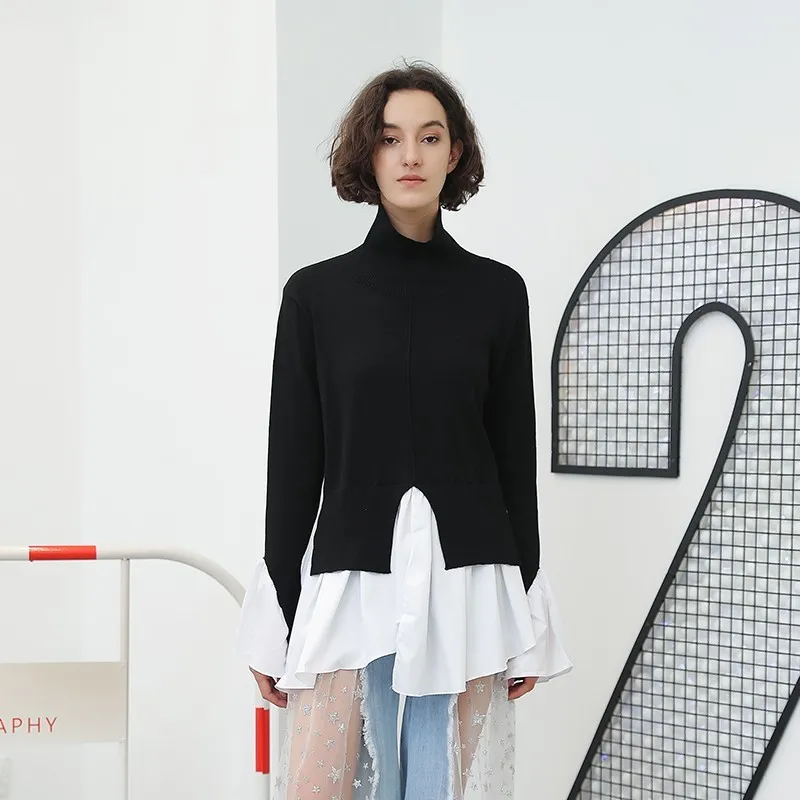 TWOTWINSTYLE Turtleneck Sweater Female Flare Sleeve Irregular Ruffles Patchwork Draped Knitted Pullover Women Autumn Clothing | Женская