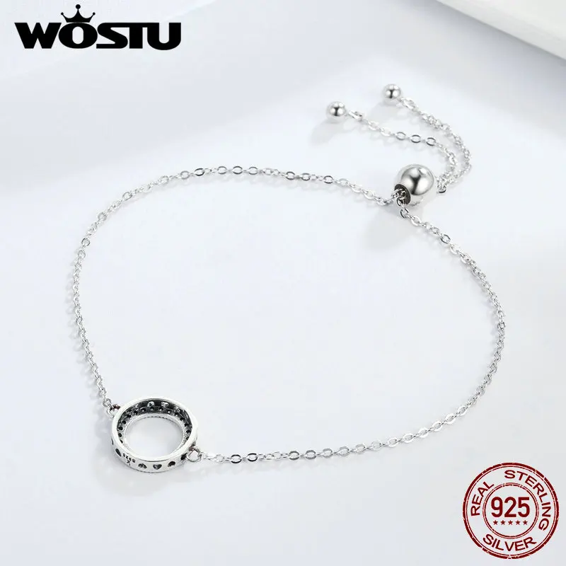 WOSTU Аутентичные 925 пробы серебряные сверкающие круглые браслеты-цепочки для женщин, ювелирные изделия из стерлингового серебра DXB030