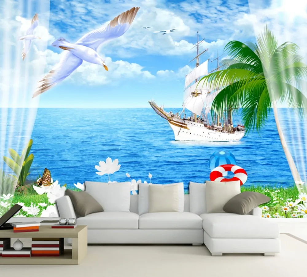 

Free Shipping Custom Fresh Seascape 3D Seascape Living Room TV Sofa Background Wall Sailboat Seagull Landscape Photo Wallpaper