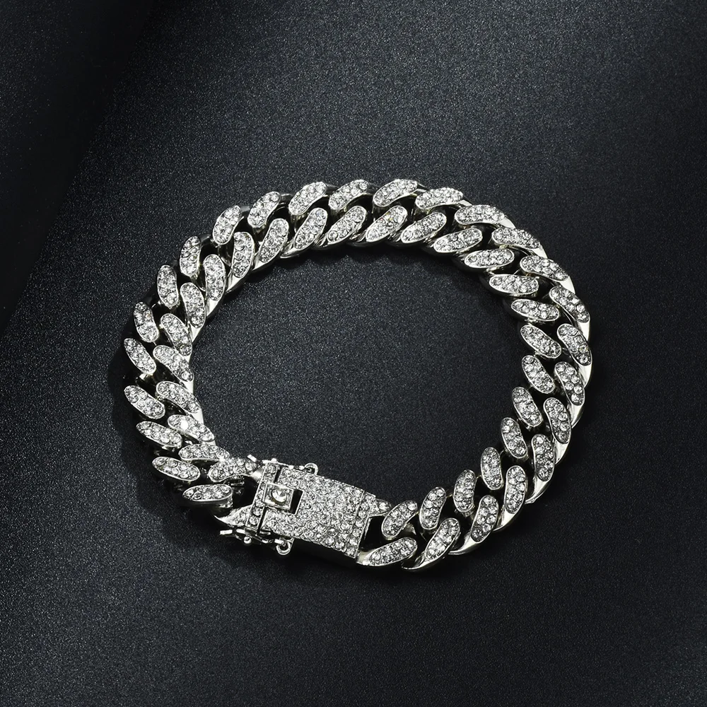 Хип-хоп Полный AAA кристалл проложить Bling Iced Out мужской браслет цвета: золотистый, серебристый цвет, кубинские звенья цепи браслеты для мужчин ювелирные изделия