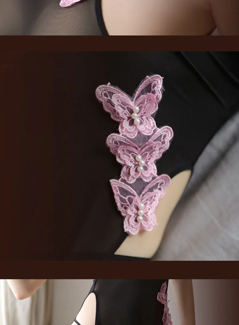 Аппликации Ципао с бабочками Babydolls Платье женское сексуальное прозрачное эротическое белье, порно костюмы сексуальное нижнее белье с разрезом платья