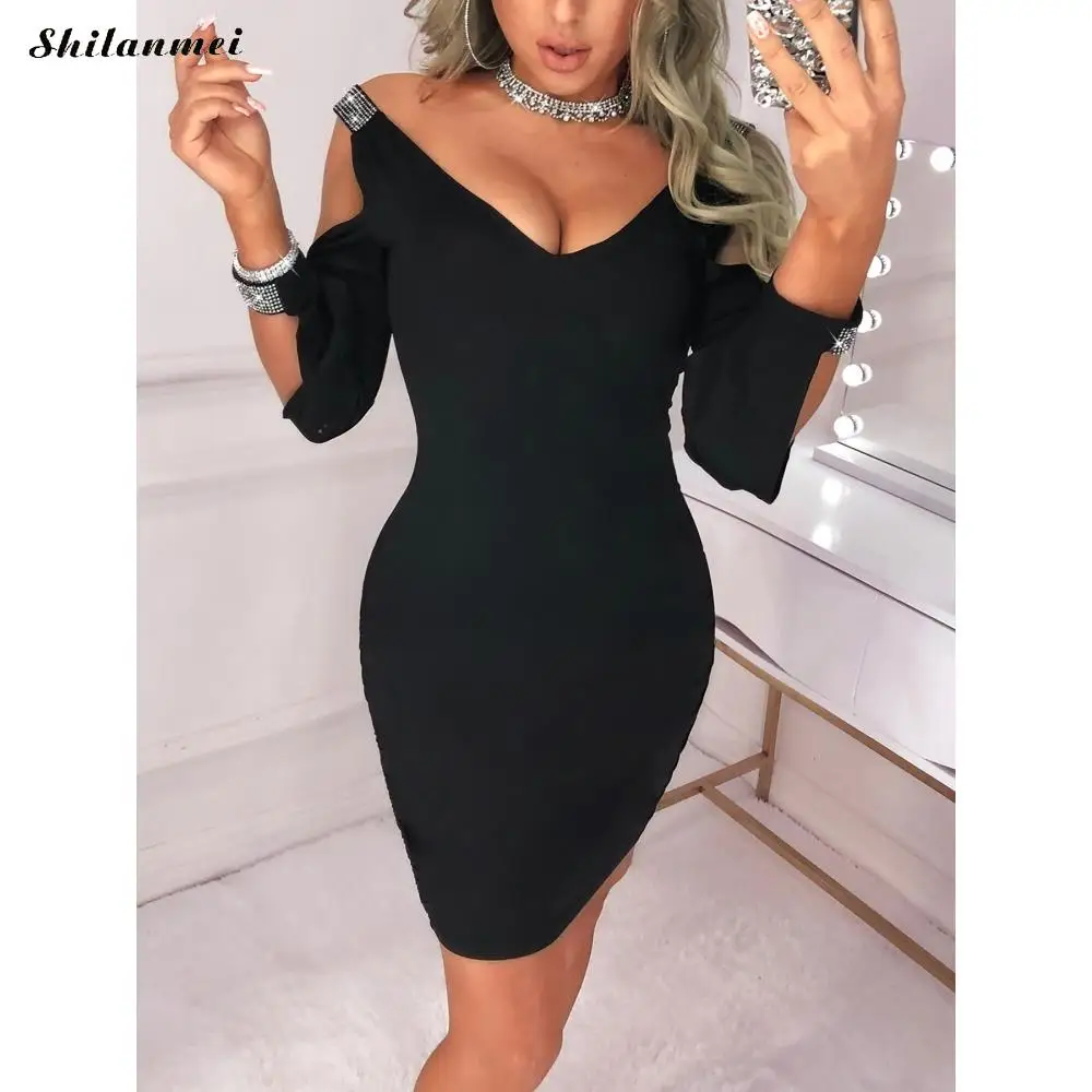 Пикантные платье с открытыми плечами для клуба женское тонкий блесток Bodycon