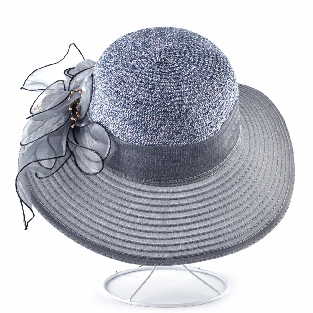 Шляпа от солнца с цветами женская Пляжная Панама жемчугом Соломенная широкими