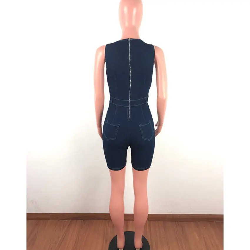 Wjustforu Summer Denim Jumpsuit For Women Turn Down Collar Buttons Up Short Playsuit Casual Pockets Hollow Out Party | Женская одежда
