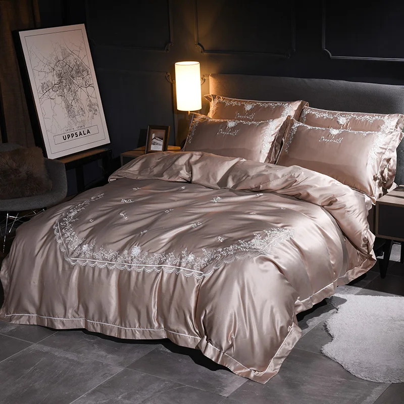 Luxury Bedding Set embroidery Bed champagne Sheet two-sided Duvet Cover Queen King Size Linen | Дом и сад