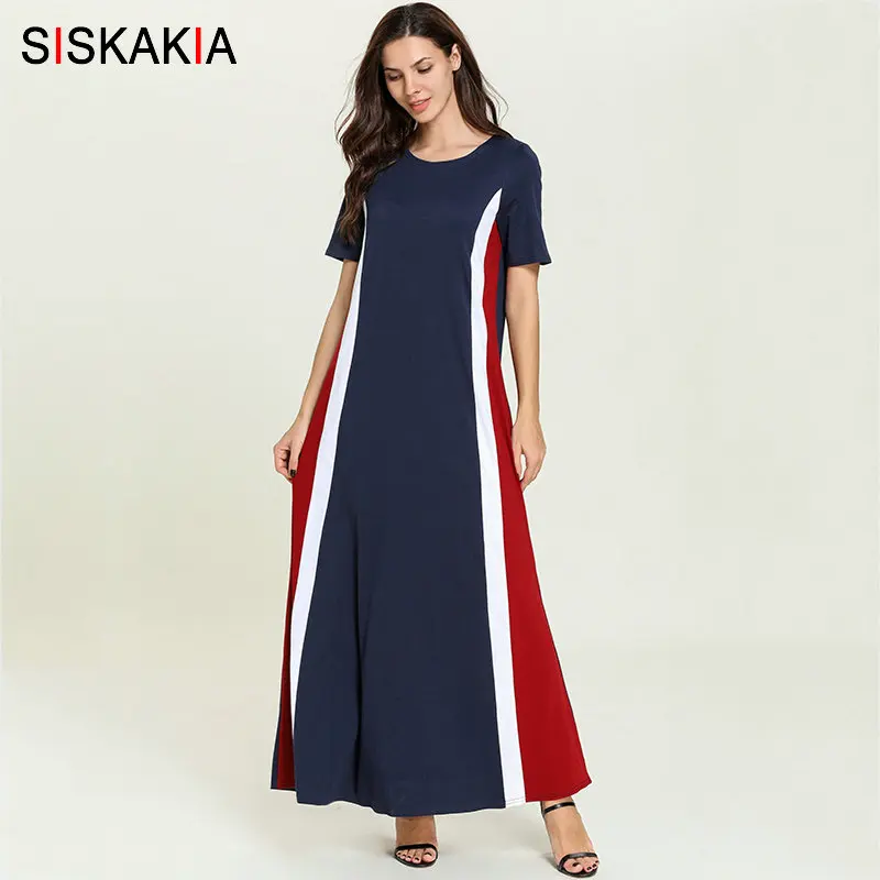Navy blue dress Siskakia Лето футболка длинное платье повседневное спортивное О-образный вырез короткий рукав Турецкий Арабский стиль Макси платья в полоску цвет блок - Цвет: Navy blue dress