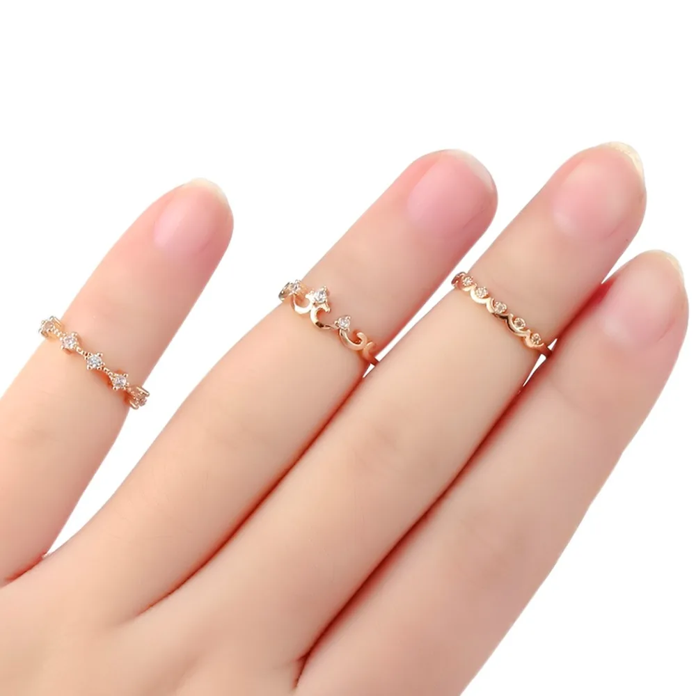 QIAMNI 3pcs/lot Pulse Heart Tree Bow Wave Zircon Love Flower Mountain Crown Round Knuckle Stackable Ring Set Women 's Toe | Украшения и