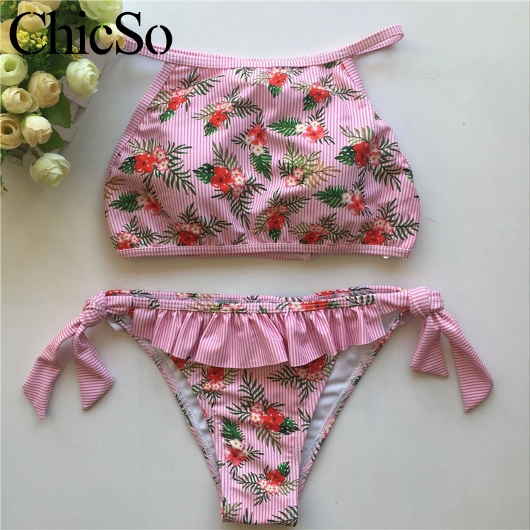 MissyChilli, костюм из двух частей, купальник на шнуровке, женский, Цветочный, с рюшами, Холтер, высокая талия, купальник, женский, сексуальный, пляжный, бразильский, боди - Цвет: Розовый