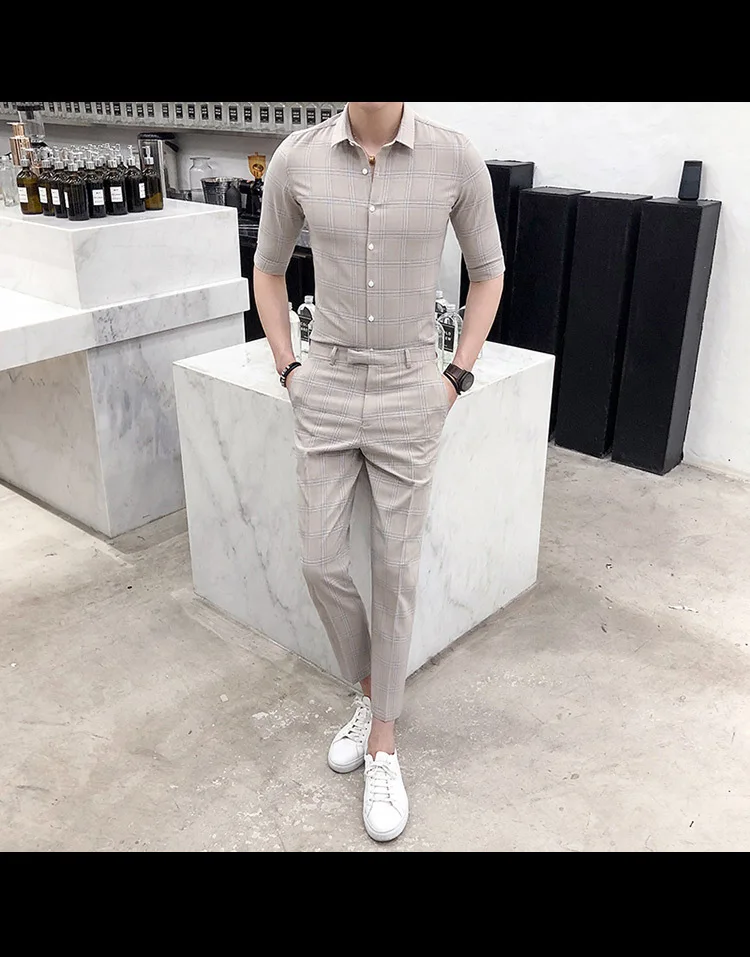 Однобортный костюм, летний костюм, Mariage Homme, серый, хаки, клетчатый костюм, комплект, Smoking Uomo Trajes De Hombre, костюм Homme
