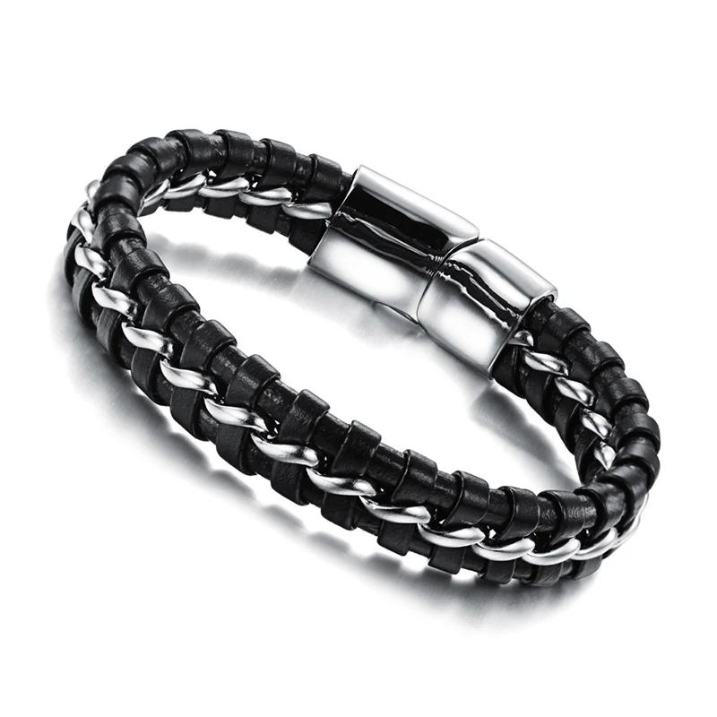 Silver MOZO МОДА Горячие Марка Man Шарм Ювелирных Изделий Из Кожи Веревку Цепи Браслеты Из Нержавеющей Стали Магнитная Застежка Браслеты Браслеты MPH898 - Окраска металла: Silver