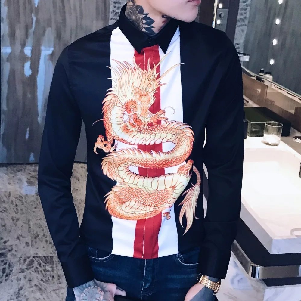 Роскошные сплайсированные ночной клуб смокинг модное платье рубашка Camisa Hombre Slim Fit рубашка Мужская Уличная с принтом дракона Мужская рубашка мужские рубашки