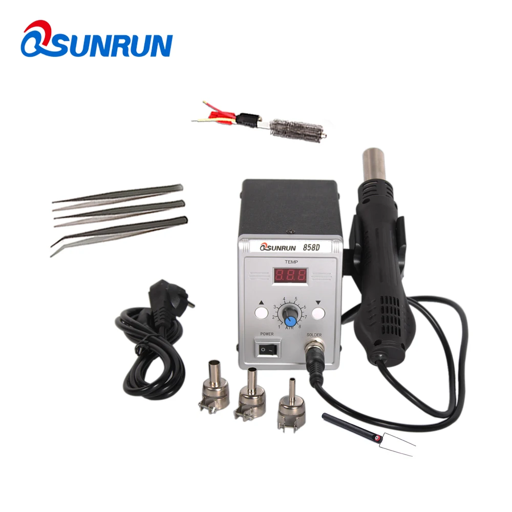 700 Вт Qsunrun 858D SMD ESD паяльная станция, СВЕТОДИОДНЫЙ Цифровой паяльник, BGA фена с насадкой, пинцет, паяльная проволока