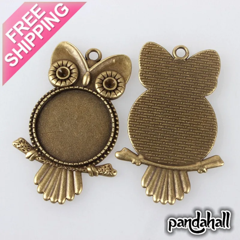 

Antique Bronze Alloy Owl Pendant Cabochon Bezel Settings, Nickel Free, Tray: 25mm; Fit for 3mm Rhinestone; 55x36x3mm, Hole: 3mm