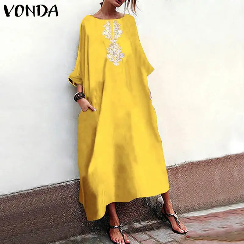 VONDA размера плюс осеннее платье женское сексуальное с круглым вырезом 3/4 рукав вечерние с цветочным принтом Длинные Платья повседневные свободные Vestidos