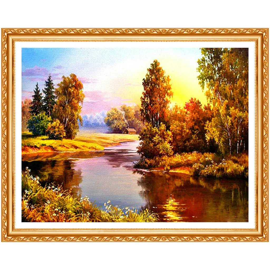 100% DIY 5D Diamond autumn landscape lake Handmade Painting Cross Stitch Embroidery Patterns Rhinestones | Дом и сад