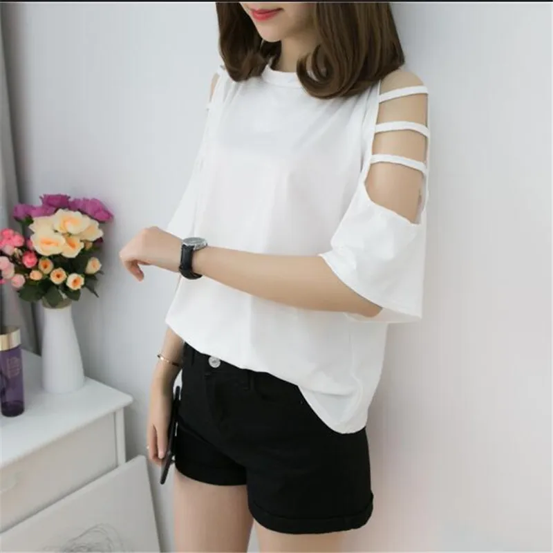 Женская хлопковая футболка средней длины с коротким рукавом и круглым вырезом |