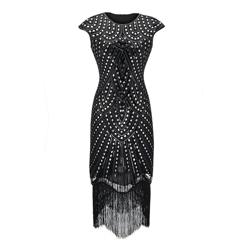B Dress 1920s Гэтсби блесток бахромой Пейсли Винтаж бисером Хлопушка вечерние платья с 20s аксессуары набор плюс размер(черный/белый/синий/красный - Цвет: B Dress