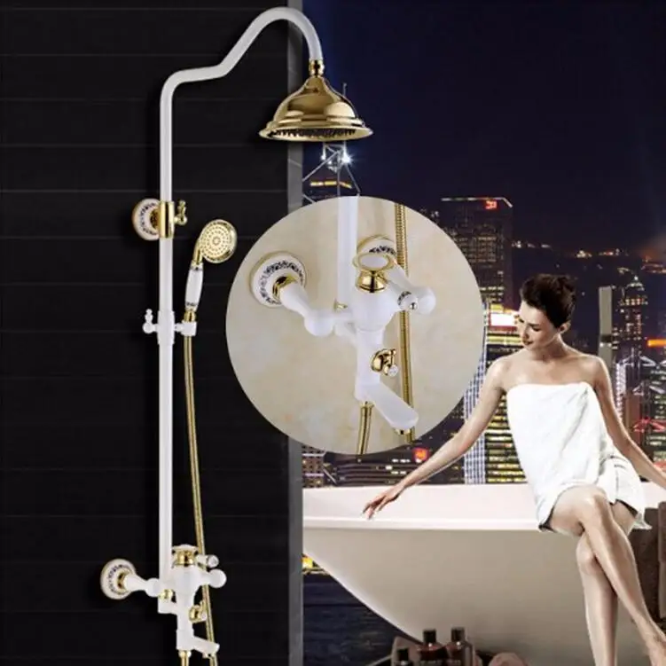 

Bath & Shower Faucet Gold & Grilled White Shower head faucet Bathtub Faucet Set Wall Mounted Bathroom Rainfall Shower Faucet Set