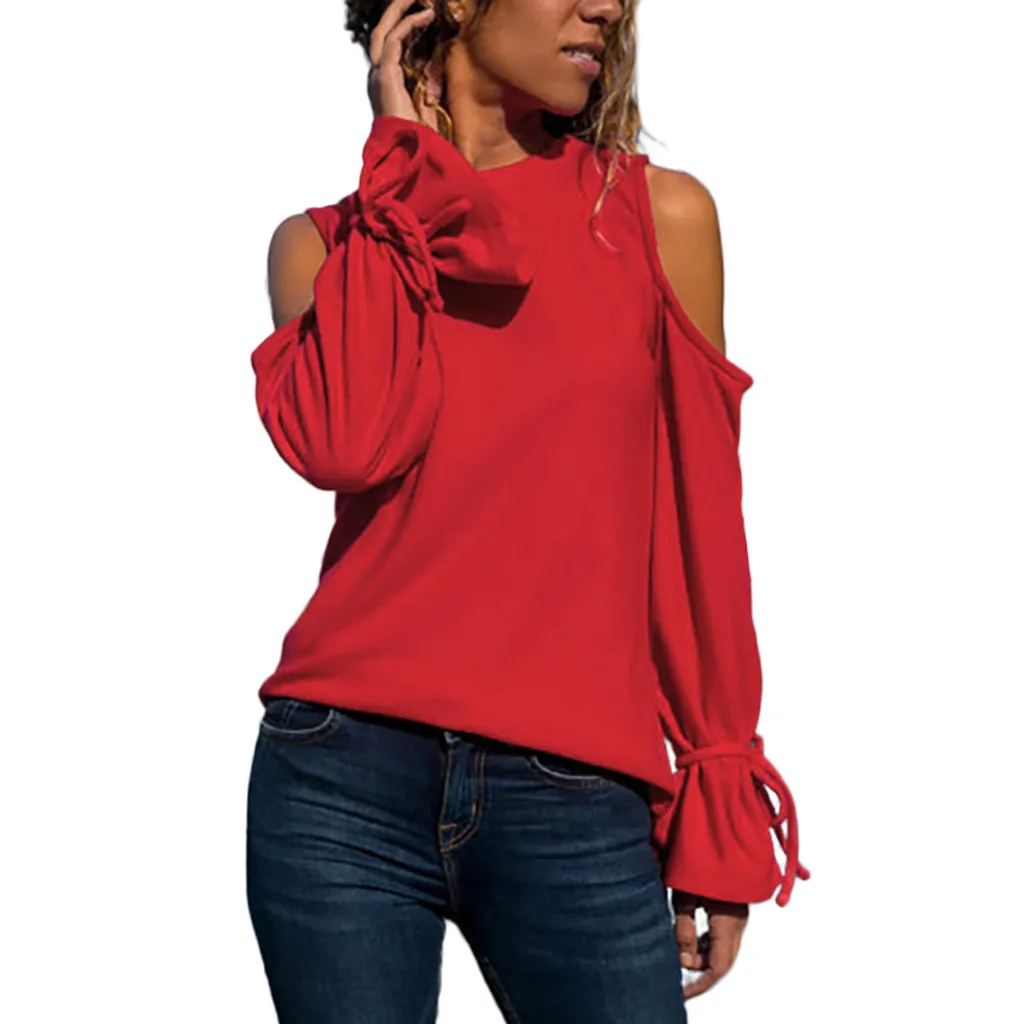 CHAMSGEND Pullover Lace Up Off Shoulder Bandage T-Shirt Round Neck Loose Long Sleeve Solid Color Women Casual Shirts 13.DEC.27