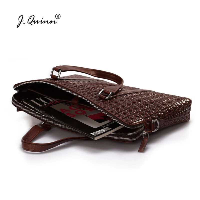 

J.Quinn Men's Leather Briefcases Business Handbags Double Zipper Genuine Leather Mens Shoulder Bag Red Male Laptop Briefcase Men