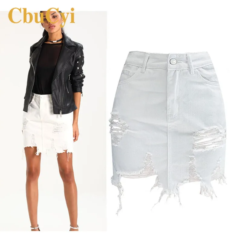 Женские летние юбки с высокой талией рваные хлопковые джинсовые дырками модные